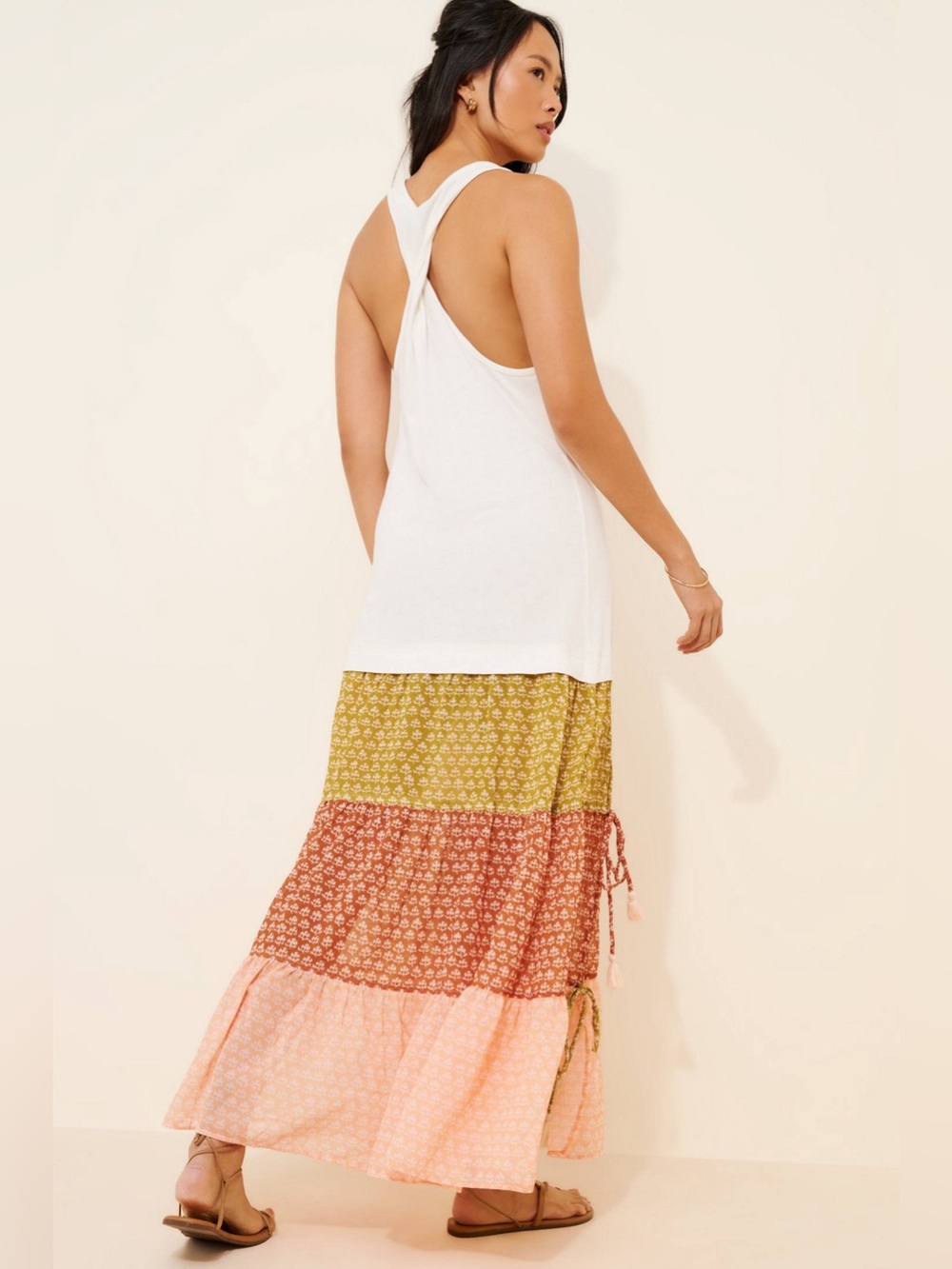 ANTHROPOLOGIE Celandine Sleeveless Scoop Neck Twist Back Tiered Boho Maxi Dress